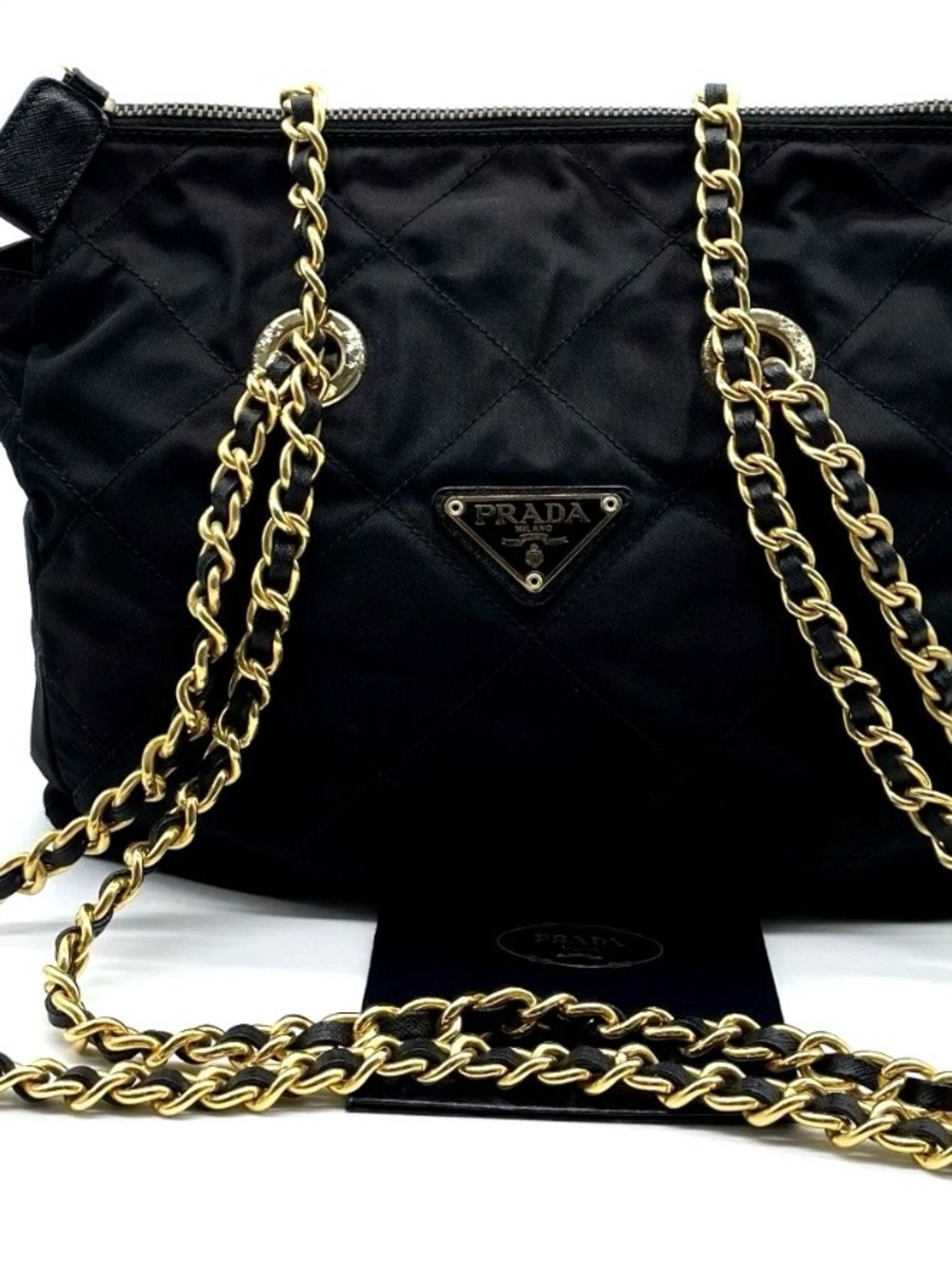Auth Prada Quilted Triangle Logo
Tessuto Nylon Black Chain Shoulder
Bag